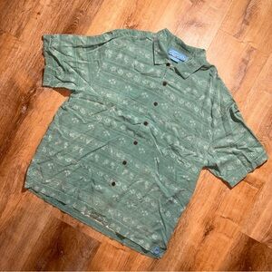 Bermuda Bay Hawaiian Shirt Mens L 100% Silk Teal Floral Short Sleeve Pineapple